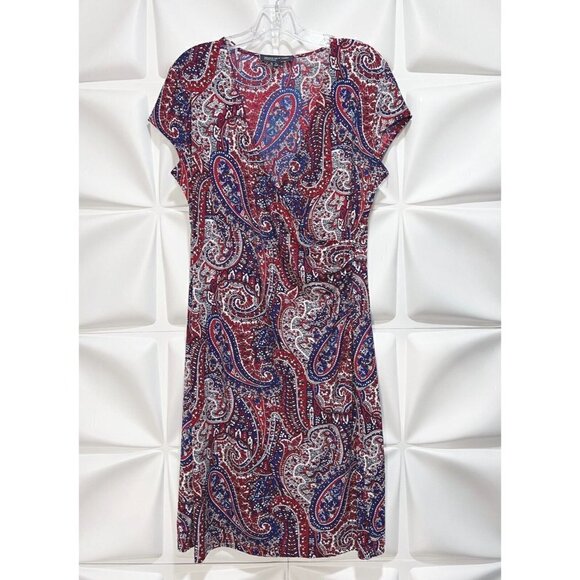 Jones New York Sz M Red Blue Paisley Print Faux Wrap Dress Slinky Stretch - Picture 2 of 6
